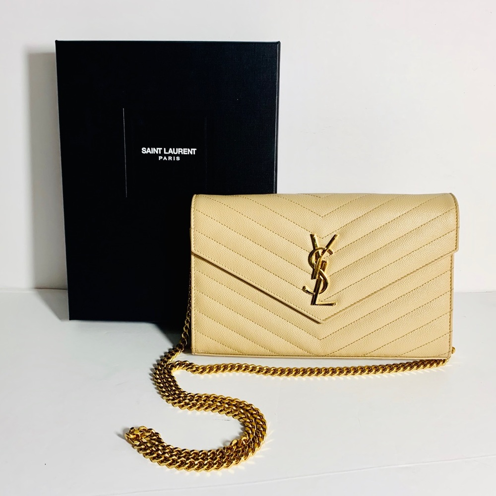 Saint Laurent monogram chain wallet in nude powder